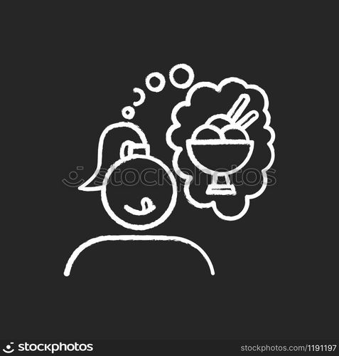 Ice cream craving chalk icon. Girl thinking of sweat dessert. Thought of frozen treat. Woman hungry for gelato. Summer refreshment. Appetite for sundae. Isolated vector chalkboard illustration