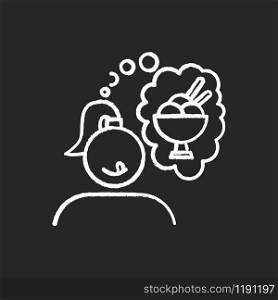 Ice cream craving chalk icon. Girl thinking of sweat dessert. Thought of frozen treat. Woman hungry for gelato. Summer refreshment. Appetite for sundae. Isolated vector chalkboard illustration