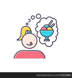 Ice cream craving color icon. Girl thinking of sweat dessert. Thought of frozen treat. Woman hungry for gelato. Summer refreshment. Appetite for sundae. Isolated vector illustration