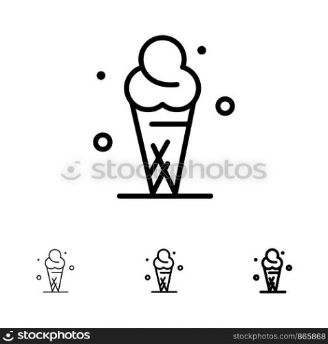 Ice Cream, Cream, Ice, Cone Bold and thin black line icon set