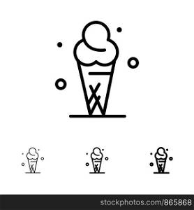 Ice Cream, Cream, Ice, Cone Bold and thin black line icon set