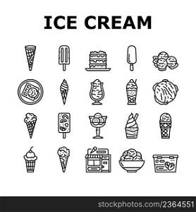 Ice Cream Delicious Dessert Food Icons Set Vector. Strawberry Cherry Fruit Ice Cream, Frozen Yogurt And Juice. Waffle Cone And Cake Sweet Nutrition With Chocolate Vanilla Black Contour Illustrations. Ice Cream Delicious Dessert Food Icons Set Vector