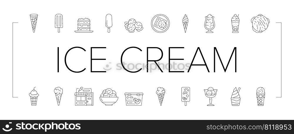 Ice Cream Delicious Dessert Food Icons Set Vector. Strawberry Cherry Fruit Ice Cream, Frozen Yogurt And Juice. Waffle Cone And Cake Sweet Nutrition With Chocolate Vanilla Black Contour Illustrations. Ice Cream Delicious Dessert Food Icons Set Vector