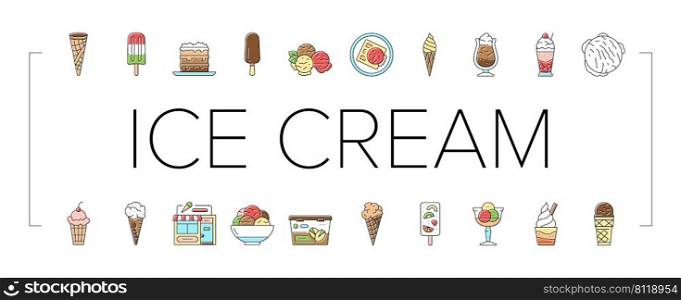 Ice Cream Delicious Dessert Food Icons Set Vector. Strawberry And Cherry Fruit Ice Cream, Frozen Yogurt And Juice. Waffle Cone And Cake Sweet Nutrition With Chocolate And Vanilla Color Illustrations. Ice Cream Delicious Dessert Food Icons Set Vector