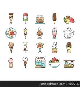 Ice Cream Delicious Dessert Food Icons Set Vector. Strawberry And Cherry Fruit Ice Cream, Frozen Yogurt And Juice. Waffle Cone And Cake Sweet Nutrition With Chocolate And Vanilla Color Illustrations. Ice Cream Delicious Dessert Food Icons Set Vector