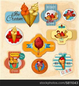 Ice cream delicious frozen dessert paper labels set isolated vector illustration. Ice Cream Labels