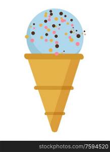 Ice cream dessert for summer freshness vector, gelato cone with crumbles, frozen creme vanilla flavour isolated icon in flat style, summertime ice food. Ice Cream in Crusty Cone, Gelato with Crumbles