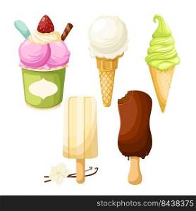 ice cream dessert set cartoon vector scoop waffle cone, chocolate food, sundae frozen ball color illustration. ice cream dessert cartoon vector
