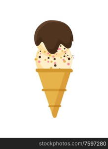 Ice cream dessert vector, freezing creamy food isolated gelato with tasty flavoured crisps and chocolate topping, meal for hot summer day crispy cone. Ice Cream Cone, Dessert with Chocolate Isolated