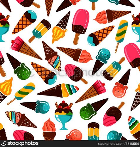Ice cream desserts seamless pattern of vanilla and caramel, mint, pistachio and fruity flavored ice cream scoops and waffle cones, rainbow popsicles on sticks and sundae ice cream with chocolate. Ice cream cones, popsicles and sundae pattern