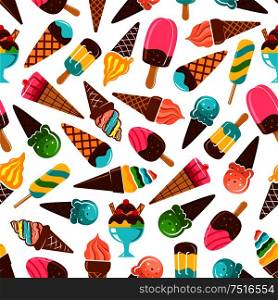 Ice cream desserts seamless pattern of vanilla and caramel, mint, pistachio and fruity flavored ice cream scoops and waffle cones, rainbow popsicles on sticks and sundae ice cream with chocolate. Ice cream cones, popsicles and sundae pattern