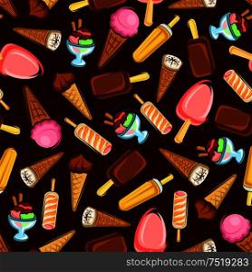 Ice cream desserts seamless pattern with strawberry and chocolate ice cream cone and stick, fruity popsicle and sundae desserts on brown background. Dessert menu design. Ice cream desserts seamless pattern