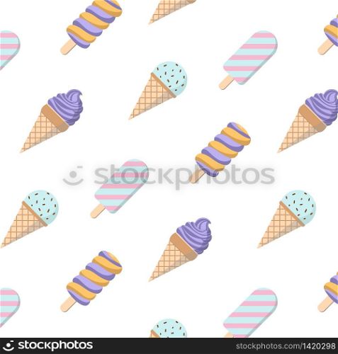 Ice cream diagonal vector seamless pattern on pink background. Trendy flat illustration for textile design, packaging and wrapping paper.. Ice cream diagonal vector seamless pattern on white background.