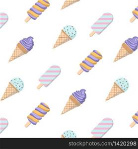 Ice cream diagonal vector seamless pattern on pink background. Trendy flat illustration for textile design, packaging and wrapping paper.. Ice cream diagonal vector seamless pattern on white background.