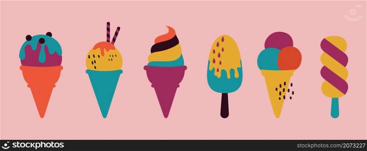 Ice cream. Doodle cold sweet dessert, creamy delicious food. Cafe or cafeteria, cute modern style cones and popsicle vector set. Illustration ice cream in cone, summer food. Ice cream. Doodle cold sweet dessert, creamy delicious food. Cafe or cafeteria, cute modern style cones and popsicle vector set