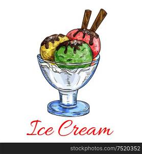 Ice cream emblem. Vanilla, pistchio, strawberry teasty ice cream scoops in glass with chocolate. Cafe, cafeteria dessert vector sketch icon. Ice cream scoops dessert in glass