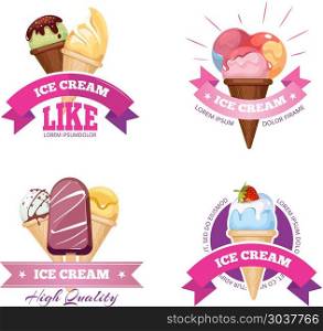 Ice cream emblems badges labels vector set. Ice cream emblems badges labels vector set. Logo or label for ice cream shop and illustration sweet ice cream