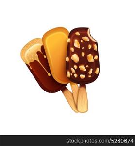Ice Cream Eskimo Illustration . Realistic chocolate and caramel ice cream eskimo with topping and nuts on white background realistic vector illustration