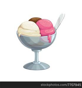 Ice cream, fast food dessert sweets, vector menu isolated icon. Ice cream chocolate, vanilla, and strawberry pink scoop in bowl cup, fastfood cafeteria or gelateria dessert sundae or sorbet icecream. Ice cream, fast food dessert sweets, menu icon