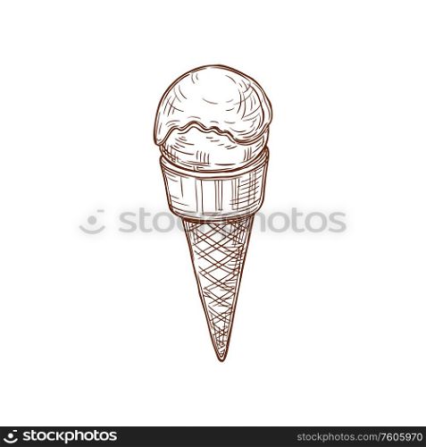 Ice-cream fastfood snack isolated summer dessert. Vector ice cream in waffle cone. Hand drawn ice cream fastfood dessert isolated