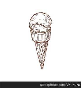 Ice-cream fastfood snack isolated summer dessert. Vector ice cream in waffle cone. Hand drawn ice cream fastfood dessert isolated