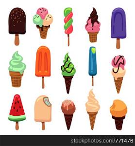 Ice cream flat. Cute kids frozen creamy desserts and sundae. Waffles cones vanilla, ice lolly scoops cake. Colorful cartoon vector creamed chocolate and milk brown yellow green and red popsicle set. Ice cream flat. Cute kids frozen creamy desserts and sundae. Waffles cones vanilla, ice lolly scoops cake. Colorful cartoon vector set