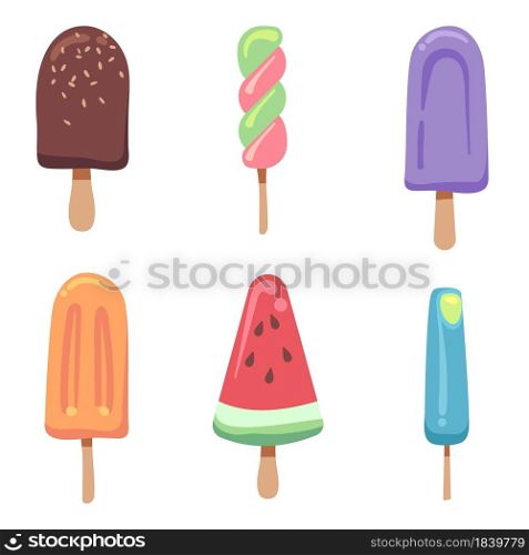 Ice cream flat. Frozen creamy summer desserts, fruit ice and sundae. Sweet chocolate, gelatos and fresh popsicles, bright summertime food. Icons for bar, cafe or restaurant menu. Vector isolated set. Ice cream flat. Frozen creamy summer desserts, fruit ice and sundae. Sweet chocolate, gelatos and fresh popsicles, bright summertime food. Icons for bar, cafe menu. Vector isolated set