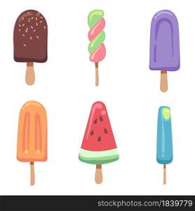 Ice cream flat. Frozen creamy summer desserts, fruit ice and sundae. Sweet chocolate, gelatos and fresh popsicles, bright summertime food. Icons for bar, cafe or restaurant menu. Vector isolated set. Ice cream flat. Frozen creamy summer desserts, fruit ice and sundae. Sweet chocolate, gelatos and fresh popsicles, bright summertime food. Icons for bar, cafe menu. Vector isolated set
