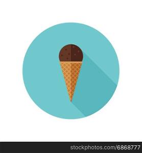 Ice cream flat icon with long shadow. Vector simple illustration of Ice cream cone with chocolate ball.