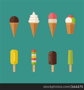 Ice cream flat icons set. Illustration of Ice creams with waffle cone and ice lolly.. Ice cream flat icons set