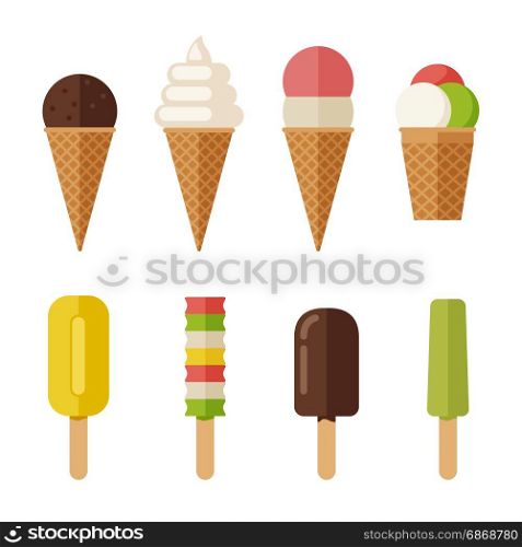 Ice cream flat icons set. Vector simple illustrations of Ice cream with waffle cone and ice lolly.