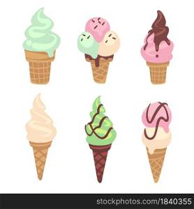 Ice cream. Frozen creamy desserts and sundae. Waffles cones vanilla, strawberry and pistachio with chocolate. Bright cold summertime food. Icons for bar, cafe or restaurant menu. Vector isolated set. Ice cream. Frozen creamy desserts and sundae. Waffles cones vanilla, strawberry and pistachio with chocolate. Cold summertime food. Icons for bar, cafe or restaurant menu vector isolated set