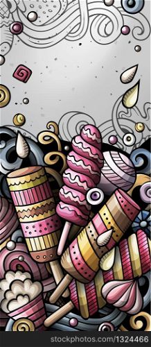 Ice cream hand drawn doodle banner. Cartoon detailed flyer. Ice-cream identity with objects and symbols. Color vector design elements background. Ice cream hand drawn doodle banner. Cartoon detailed flyer.