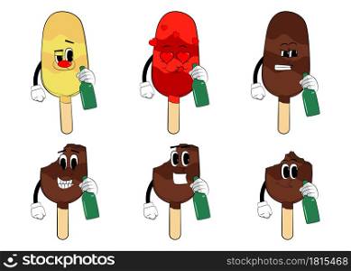 Ice Cream holding a bottle. Summer refreshment, sweet food as a cartoon character with face.
