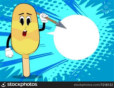 Ice Cream holding spear in his hand. Summer refreshment, sweet food as a cartoon character with face.