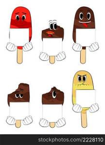 Ice Cream holding white box. Summer refreshment, sweet food as a cartoon character with face
