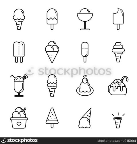 Ice cream icon set. Food and dessert concept. Thin line icon theme. Outline stroke symbol icons. White isolated background. Illustration vector.