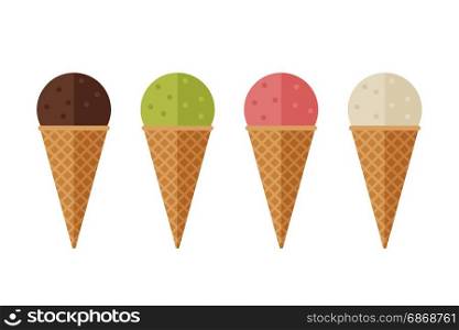 Ice cream icons in flat style. Vector simple illustration of Ice cream cone with different fillings.