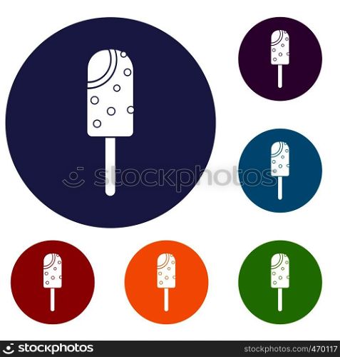 Ice cream icons set in flat circle reb, blue and green color for web. Ice cream icons set