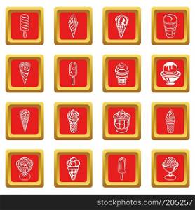 Ice cream icons set vector red square isolated on white background . Ice cream icons set red square vector