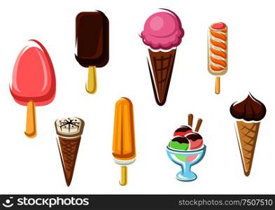 Ice cream icons with frozen suckers, ice cream cones and a sundae. Ice cream isolated dessert icons