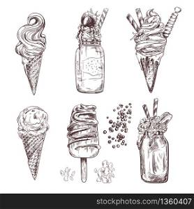 Ice cream illustrations of frozen creamy desserts, gelato, ice cream in cones, eskimo or chocolate glaze sundae with almond and topping, whipped cream and shakes, fresh ice cream scoops in glass bowl, retro design for dessert menu, recipe book, sweet food