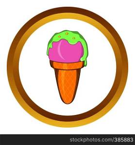 Ice cream in a waffle cone vector icon in golden circle, cartoon style isolated on white background. Ice cream in a waffle cone vector icon