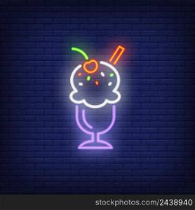 Ice-cream in glass neon sign. Dessert, cafe and food concept. Advertisement design. Night bright colorful billboard, light banner. Vector illustration in neon style.