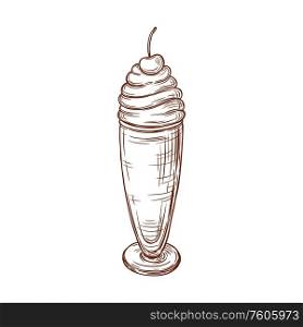 Ice cream in glass, sweet swirl topped by cherry isolated hand drawn sketch. Vector summer dessert. Glass of cold icecream with swirl topped by cherry