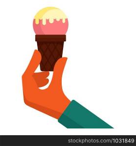 Ice cream in hand icon. Flat illustration of ice cream in hand vector icon for web design. Ice cream in hand icon, flat style