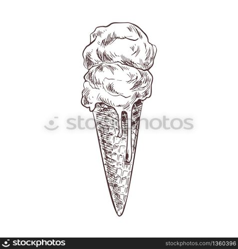 Ice cream in waffle cone, hand drawn vector vintage illustration, sketch style.