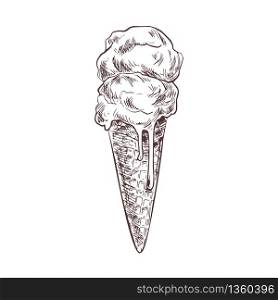 Ice cream in waffle cone, hand drawn vector vintage illustration, sketch style.