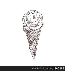 Ice cream in waffle cone, hand drawn vintage vector illustration, sketch style.