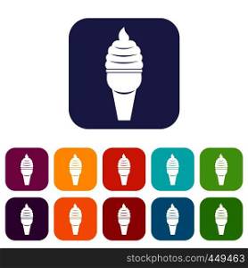 Ice cream in waffle cone icons set vector illustration in flat style In colors red, blue, green and other. Ice cream in waffle cone icons set flat